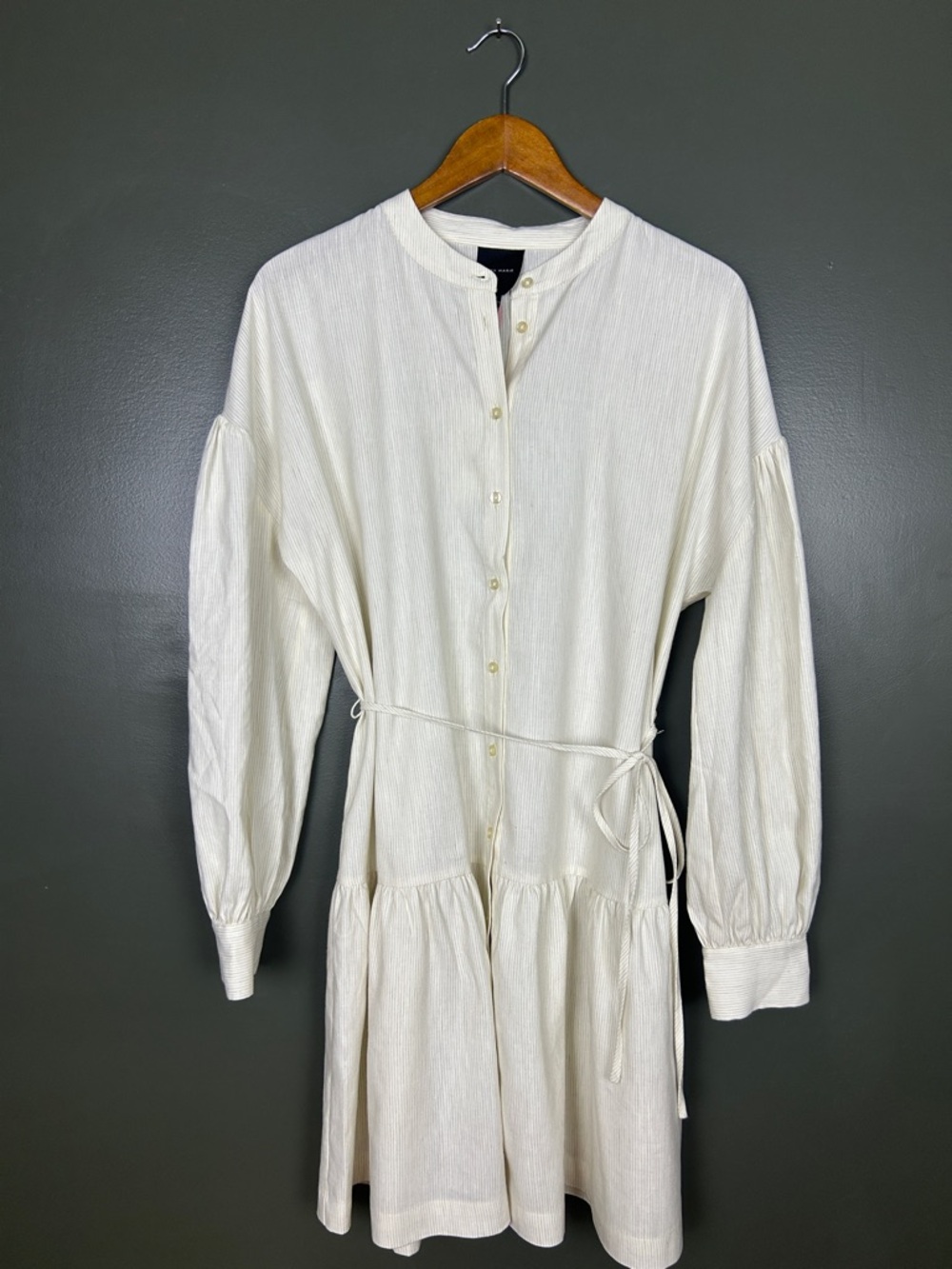 Alex Marie Cream Long-Sleeve Buttoned Tiered Shirt Dress with Waist Tie